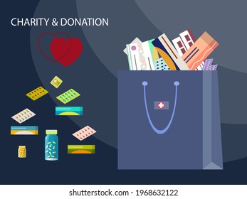 Charity and donation. Medicine chest, first aid kit, vector illustration. Help and philanthropy concept. Volunteering and free humanitarian aid for medicines. Sponsorship. Poor, sick, needy, person