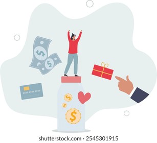 Charity donation and money sharing for support and help .Generosity and collective community financial assistance.flat characters.