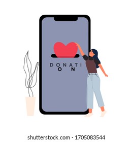 Charity donation online smartphone from home with woman put heart love and stay home illustration. Hand donating money by online payments charity flat vector.