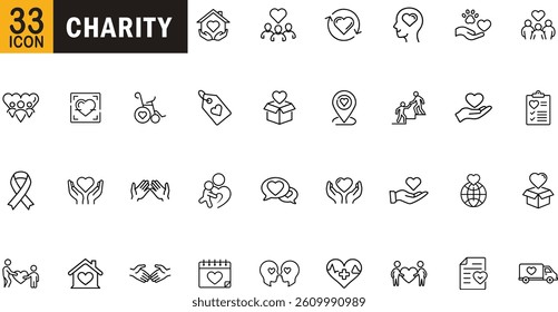 Charity and donation outline icon set. Community, kindness, support, giving, and care symbols.