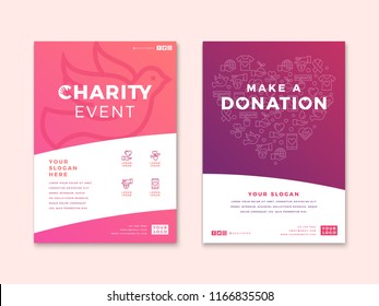 Charity and donation poster design templates with vector line icon elements set in heart form. Card flyer poster illustration with your text for volunteer center, fundraising event, organization.