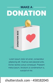 Charity and donation poster set. Flat design. For background and invitation card. Brochure layout template in A4 size. Vector illustration of the donation box for coins