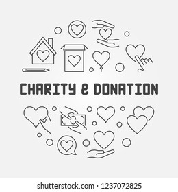 Charity & Donation round vector concept outline illustration for volunteer center
