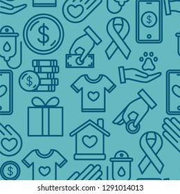 Charity and donation seamless pattern. Friendship, Generous, volunteer center, fundraising event, shelter. Vector outline icons