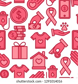 Charity and donation seamless pattern. Friendship, Generous, volunteer center, fundraising event, shelter. Vector outline icons, pink color on white background