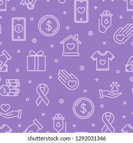 Charity and donation seamless pattern. Friendship, Generous, volunteer center, fundraising event, shelter. Vector outline icons