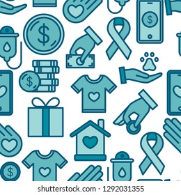 Charity and donation seamless pattern. Friendship, Generous, volunteer center, fundraising event, shelter. Vector outline icons