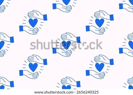 Charity and Donation Seamless Pattern. Hands Holding Heart, Vector Illustration
