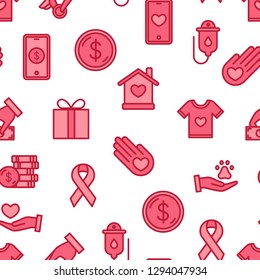 Charity and donation seamless pattern. Volunteer center, fundraising event, shelter. Vector outline icons
