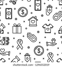 Charity and donation seamless pattern. Volunteer center, fundraising event, shelter. Care, love and good heart community support poor, homeless and elderly people. Vector outline icons