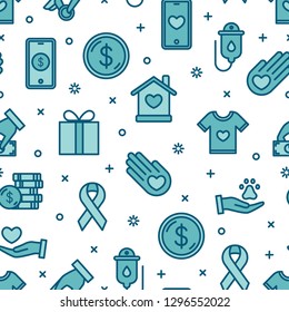 Charity and donation seamless pattern. Volunteer center, fundraising event, shelter. Care, love and good heart community support poor, homeless and elderly people. Vector outline icons