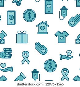 Charity and donation seamless pattern. Volunteer center, fundraising event, shelter. Care, love and good heart community support poor, homeless and elderly people. Vector outline icons