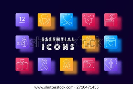 Charity and donation set icon. Hands, heart, ribbon, shirt, gift, coinbox, moneybag, calendar, badge, browser, cross drawn in white outline over colored square tiles.