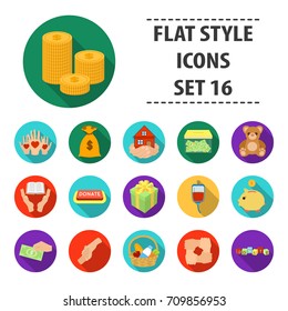 Charity and donation set icons in flat style. Big collection of charity and donation vector symbol stock illustration