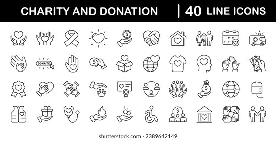 Charity und Spende Set von Web-Symbole in Linie Stil. Freiwillige und Spendensymbole für Web- und mobile Anwendungen. Hilfe, Fürsorge, Solidarität, Almosen, Spende, Freiwillige, Fürsorge, Wohltätigkeit und mehr. Bearbeitbarer Hub