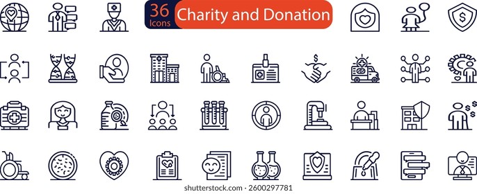 Charity and Donation set of web icons in line style. Volunteering and donation icons for web and mobile app. Help, caring, solidarity, alms, donate, volunteer, care and more.