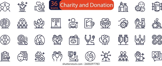 Charity and Donation set of web icons in line style. Volunteering and donation icons for web and mobile app. Help, caring, solidarity, alms, donate, volunteer, care and more.