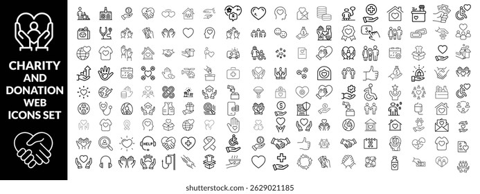 Conjunto de iconos web de caridad y donación en estilo de línea. Iconos del voluntariado y de la donación para el Web y el App móvil. Ayuda, cuidado, solidaridad, limosna, donar, voluntariado, cuidado, caridad y más. Trazo editable