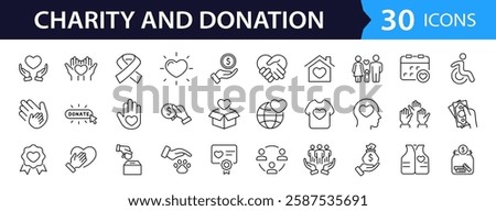 Charity and Donation set of web icons in line style. Volunteering and donation icons for web and mobile app. Help, caring, solidarity, alms, donate, volunteer, care, charity and more. Editable stroke