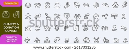 Charity and Donation set of web icons in line style. Volunteering and donation icons for web and mobile app. Help, caring, solidarity, alms, donate, volunteer, care, charity and more. Editable stroke