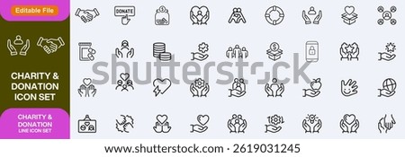 Charity and Donation set of web icons in line style. Volunteering and donation icons for web and mobile app. Help, caring, solidarity, alms, donate, volunteer, care, charity and more. Editable stroke