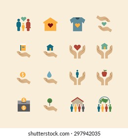 charity and donation silhouette colour icons flat line design vector