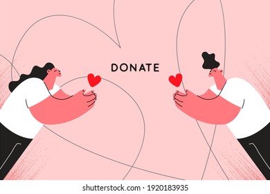 Charity, donation and social care concept. Smiling caring people cartoon charters with hearts for charity donation volunteering and ready to donate blood and organs and donate lettering illustration