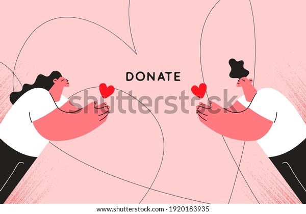 Charity, donation and social care concept.\
Smiling caring people cartoon charters with hearts for charity\
donation volunteering and ready to donate blood and organs and\
donate lettering\
illustration