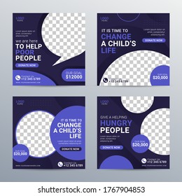 Charity and donation social media post template set vector