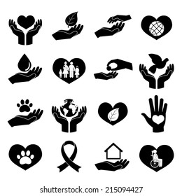 Charity donation social services and volunteer black icons pictogram set isolated vector illustration