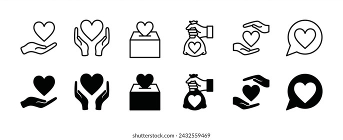 Charity and donation thin line icon set. Containing help, give, care, support, love, box, social. Vector illustration