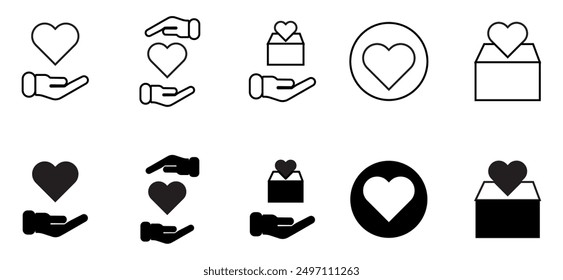 Charity and donation thin line icon set. Containing help, social, give, love, box, care, support. Vector illustration.