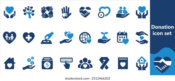Charity and donation thin line icon set. Containing help, give, care, support, love, box, social. Vector illustration