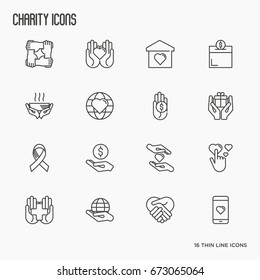 Charity and donation thin line icons set. Element for logo of nonprofit organizations, fundraising, crowdfunding and charity project. Vector illustration.