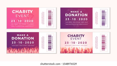 Charity And Donation Tickets Designs For Your Event. Card Flyer Poster With Your Text For Volunteer Center, Fundraising Event, Organization. Vector Illustration.