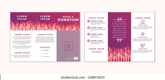 Charity And Donation Trifold Design Template. Card Flyer With Your Text For Volunteer Center, Fundraising Event, Organization. Vector Illustration.