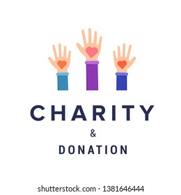 Charity and donation vector banner template. Charitable organization typography, fundraiser, non profit foundation logo, poster design element. Cartoon palms holding hearts, helping hand symbol