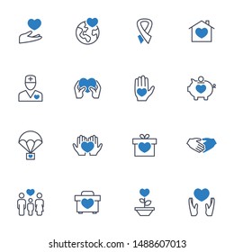 Charity & donation vector graphics icons in blue gray color