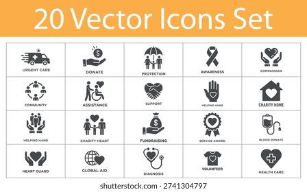 Charity and Donation vector icon set. Featuring donate, volunteer, community, support, care, and fundraising symbols. Solid style. Vector illustration.
