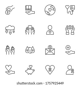 Juego de iconos vectoriales de beneficencia y donación, colección moderna de símbolos sólidos, paquete de pictogramas estilo relleno. Señales, ilustración del logotipo. Set incluye íconos como ayuda, donación de dinero, transfusión de sangre, corazón