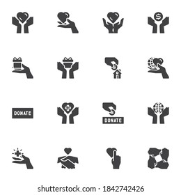Charity und Spende Vektorsymbole Set, moderne solide Symbolsammlung, gefülltes Piktogramm-Paket im Stil. Zeichen Logo-Illustration. Set enthält Symbole - Hand hält Herz, Geld spenden, Geschenkbox, Freiwillige 