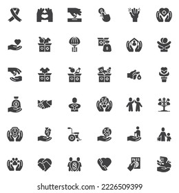 Charity and donation vector icons set, modern solid symbol collection, filled style pictogram pack. Signs logo illustration. Set includes icons as volunteer opportunities, humanitarian aid, solidarity