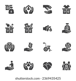 Charity and donation vector icons set, modern solid symbol collection, filled style pictogram pack. Signs, logo illustration. Set includes icons as money donate, charity organization, volunteering