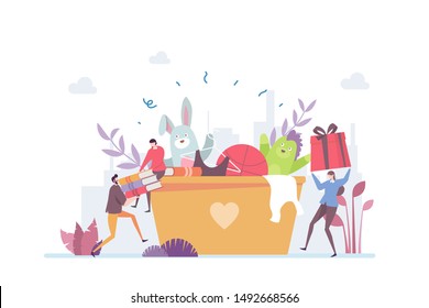 Charity Donation Vector Illustration Concept Showing a box of used stuff ready to distribute for donation, Suitable for landing page, ui, web, App intro card, editorial, flyer, and banner.
