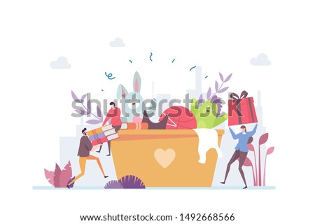 Charity Donation Vector Illustration Concept Showing a box of used stuff ready to distribute for donation, Suitable for landing page, ui, web, App intro card, editorial, flyer, and banner.

