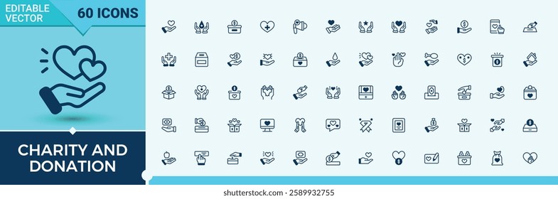 Charity And Donation vector line icon set. Related to team, nonprofit, fund, cooperation, donate and more. Outline symbol collection. Solid line editable stroke.