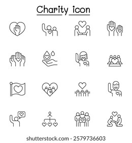 Charity, donation and volunteer icon set in thin line style