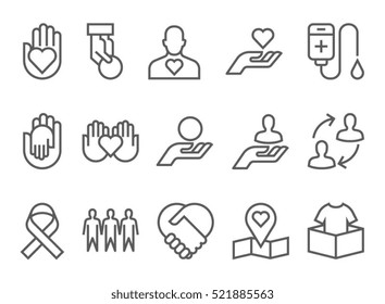 Charity, Donation And Volunteer Work Concept Icons, Thin Line Style, Flat Design. Giving Help, Donating Money, Clothing, Food, Medicines.