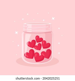 Charity, donation, volunteering and generous social community. Red hearts in a glass jar. Give and share your love, hope, support to people. Vector illustration