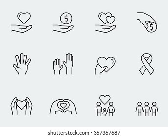 Charity, donation and volunteering icon set in thin line style